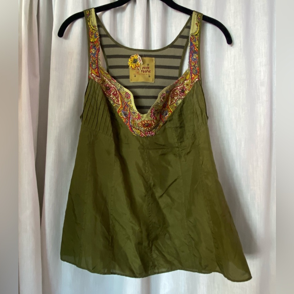 Free People Olive Green Embroidered Tank Top